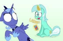 Size: 2100x1367 | Tagged: source needed, safe, artist:manual-monaro, derpibooru import, lyra heartstrings, princess luna, burp, luna is not amused, shocked, shocked expression, simple background, sitting, soda, soda can, unamused