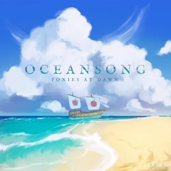 Size: 1500x1500 | Tagged: safe, artist:anticular, derpibooru import, album cover, apple, beach, cloud, food, no pony, ocean, ponies at dawn, sand, ship, signature, sky