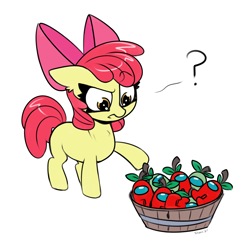 Size: 1400x1400 | Tagged: safe, artist:skoon, derpibooru import, apple bloom, earth pony, pony, among us, apple, female, filly, food, question mark, simple background, solo, suspicious, white background