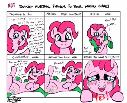 Size: 2527x2048 | Tagged: safe, artist:datzigga, derpibooru import, pinkie pie, oc, oc:anon, earth pony, human, pony, breaking the fourth wall, bridal carry, carrying, cheek pinch, crying, cute, dialogue, diapinkes, doing loving things, fourth wall, human on pony petting, looking at you, meme, not doing hurtful things to your waifu, one eye closed, out of frame, petting, tears of joy, text