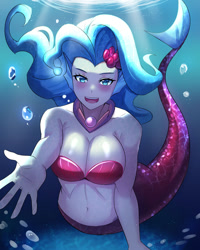 Size: 800x1000 | Tagged: safe, artist:tzc, derpibooru import, princess skystar, human, mermaid, my little pony: the movie, anime, belly button, blushing, bra, breasts, busty princess skystar, clothes, ear fins, female, humanized, jewelry, looking at you, mermaidized, necklace, open mouth, solo, species swap, underwater, underwear, water