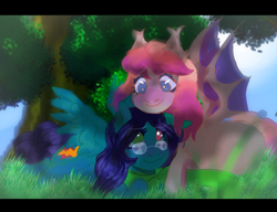 Size: 1200x921 | Tagged: safe, artist:belle_bonni, derpibooru import, oc, oc only, oc:willow, oc:xuan mai, bat pony, pegasus, bat pony oc, clothes, commission, cute, glasses, grass, happy, scarf, snuggling, tree