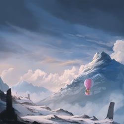 Size: 894x894 | Tagged: safe, alternate version, artist:shamanguli, derpibooru import, pony, album cover, cloud, hot air balloon, mountain, ponies at dawn, ruins, scenery, signature, solo