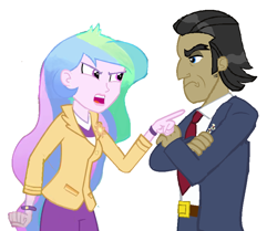 Size: 872x728 | Tagged: safe, artist:wesleyabram, derpibooru import, filthy rich, princess celestia, principal celestia, equestria girls, angry, duo, female, male, pointing, simple background, story in the source, unamused, white background, wip