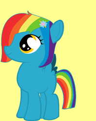 Size: 711x896 | Tagged: safe, artist:dramaostrich, derpibooru import, oc, oc:rainbow death, pegasus, pony, blank flank, female, filly, foal, golden eyes, hairclip, multicolored hair, simple background, solo