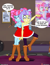 Size: 1500x1942 | Tagged: safe, artist:dieart77, derpibooru import, kiwi lollipop, supernova zap, art pack:the postcrush undress, equestria girls, bare shoulders, bedroom eyes, blushing, christmas, clothes, comic, dress, duo, duo female, female, holiday, k-lo, looking at you, panties, patreon, postcrush, sleeveless, smiling, speech bubble, strapless, striptease, su-z, underwear