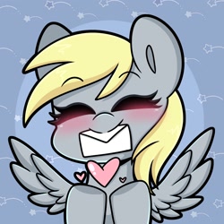 Size: 1500x1500 | Tagged: safe, artist:sakukitty, derpibooru import, derpy hooves, pegasus, pony, blushing, bust, cute, derpabetes, eyes closed, female, heart, letter, mare, mouth hold, portrait, solo, spread wings, wings
