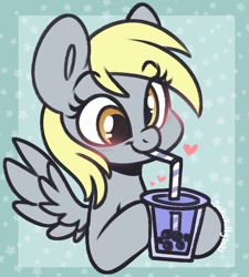 Size: 1352x1500 | Tagged: safe, artist:sakukitty, derpibooru import, derpy hooves, pegasus, pony, blushing, bubble tea, bust, cute, derpabetes, drink, drinking, drinking straw, female, heart, hoof hold, mare, solo, stars, straw
