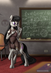 Size: 935x1323 | Tagged: safe, artist:calena, derpibooru import, octavia melody, anthro, centaur, earth pony, ponytaur, taur, anthro centaur, belt, belt buckle, book, centaurified, chair, chalk, chalkboard, classroom, clothes, cutie mark, eraser, female, hand, mare, math, misleading thumbnail, pentagram, solo, species swap, symbol, symbolism