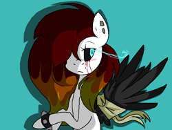 Size: 681x512 | Tagged: safe, artist:dramaostrich, derpibooru import, oc, oc only, oc:cleancut, pegasus, pony, bandage, bandaged wing, black sclera, blood, blushing, crying, ear piercing, female, icon, piercing, simple background, solo, spiked wristband, tears of blood, wings, wristband