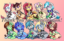 Size: 5610x3591 | Tagged: safe, artist:coco-drillo, derpibooru import, oc, oc only, oc:barpy, oc:ciel, oc:delly, oc:ember, oc:kafr, oc:lucky brush, oc:marty (vlník), oc:northern cross, oc:nouth, oc:twizzle peas, dragon, earth pony, jackal, kirin, pegasus, pony, unicorn, braid, braided tail, chest fluff, chibi, clothes, cloven hooves, collar, commission, compilation, donation, ear fluff, earbuds, ears, fangs, glasses, goatie, messy mane, plushie, ponytail, scarf, simple background, sitting, ych result