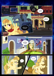 Size: 3259x4607 | Tagged: safe, artist:estories, derpibooru import, oc, oc only, oc:alice goldenfeather, oc:penumbra, pegasus, pony, comic:nevermore, alleyway, barrel, bipedal, comic, dialogue, duo, duo female, female, male, manehattan, mare, pegasus oc, speech bubble, wings