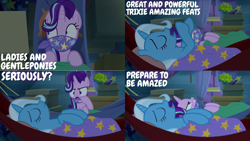 Size: 1280x720 | Tagged: safe, derpibooru import, editor:quoterific, starlight glimmer, trixie, pony, unicorn, road to friendship, collage, hammock, pillow, sleep talking, trixie's wagon