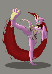 Size: 2480x3508 | Tagged: safe, artist:reminic, derpibooru import, scales (character), dragon, claws, clothes, colored, dragoness, female, high res, kick, kicking, panties, paws, pink skin, scales, underpaw, underwear, yakuza