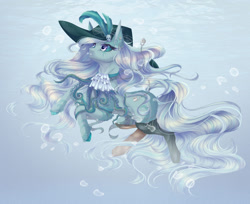 Size: 1280x1047 | Tagged: safe, artist:justkattyo, derpibooru import, oc, oc only, pony, art trade, bubble, chains, crepuscular rays, eyelashes, feather, female, flowing mane, flowing tail, hat, lock, ocean, purple eyes, solo, sparkles, speedpaint, swimming, tentacles, trade, underwater, water