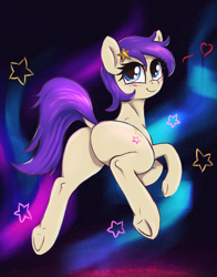 Size: 2350x3000 | Tagged: safe, artist:t72b, derpibooru import, star dancer, earth pony, pony, star dancer appreciation collab, aurora borealis, blue eyes, blushing, butt, dock, female, floating, hairpin, heart, high res, looking at you, looking back, looking back at you, mare, plot, raised tail, rear view, sky, solo, space, stars, tail