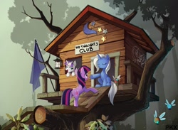 Size: 2048x1497 | Tagged: safe, artist:ponykillerx, trixie, twilight sparkle, twilight velvet, unicorn twilight, parasprite, pony, unicorn, butt, clubhouse, detailed background, eyes closed, female, flag, forest, funny, mare, meme, open mouth, plot, ponified, ponified meme, simpsons did it, sitting, the simpsons, treehouse, twibutt