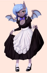 Size: 2624x4000 | Tagged: safe, artist:mrscroup, oc, oc only, oc:clair de lune, anthro, bat pony, plantigrade anthro, anthro oc, bat pony oc, big breasts, blushing, breasts, cleavage, clothes, curtsey, fangs, female, high heels, high res, looking at you, maid, mare, shoes, simple background, smiling, socks, solo, solo female, thigh highs