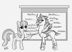 Size: 5500x4000 | Tagged: safe, artist:evan555alpha, ponybooru exclusive, cheerilee, oc, oc only, oc:vespa, oc:yvette (evan555alpha), changeling, earth pony, pony, evan's daily buggo, anatomy guide, buzzing wings, changeling oc, classroom, diagram, dorsal fin, elytra, fangs, female, flying, forked tongue, glasses, gritted teeth, lidded eyes, open mouth, pointer, pointing, pull down screen, raised hoof, raised leg, round glasses, showcase, signature, silly, simple background, sketch, spread wings, standing, straining, teacher, teaching, text, tongue, tongue out, trio, white background