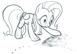 Size: 882x615 | Tagged: safe, artist:derkrazykraut, fluttershy, pegasus, pony, ant, anthill, ants, crouching, female, solo, stare, thousand yard stare, wide eyes