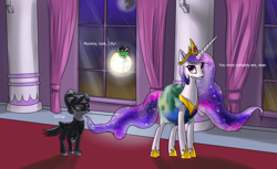Size: 3600x2200 | Tagged: safe, artist:andromailus, princess celestia, raven, anon pony, oc, oc:anon, alicorn, bird, pony, raven (bird), unicorn, anonicorn, catasterism, clothes, colt, costume, cute, dialogue, earth, female, floating, hnnng, horn, long horn, male, mare, missing horn, momlestia, nightmare night, orbit, pun, sun, too cute, visual pun