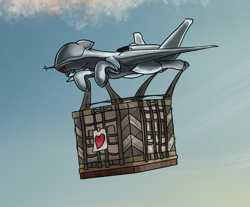 Size: 904x748 | Tagged: safe, artist:andromailus, oc, oc only, original species, plane pony, pony, care package (box), drone, flying, heart, hoof hold, open mouth, plane, predator drone, solo