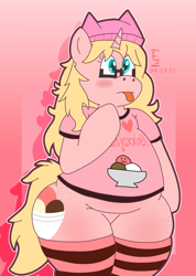 Size: 1416x1985 | Tagged: safe, artist:icecreamjaxxie, derpibooru import, oc, oc only, oc:mille feuille, pony, semi-anthro, unicorn, :p, beanie, blushing, butt freckles, chubby, clothes, comic sans, female, food, freckles, glasses, hat, horn, ice cream, shirt, socks, solo, striped socks, thigh squish, thighs, thunder thighs, tongue, tongue out, unicorn oc