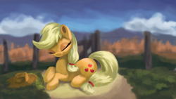 Size: 3000x1688 | Tagged: safe, artist:flusanix, derpibooru import, applejack, earth pony, pony, applejack's hat, blanket, clothes, cloud, cowboy hat, cute, eyes closed, female, fence, hat, jackabetes, mare, resting, sitting, smiling, solo