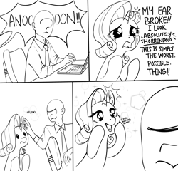Size: 3640x3496 | Tagged: safe, artist:taytinabelle, derpibooru import, rarity, oc, oc:anon, human, pony, unicorn, adorable distress, black and white, comic, computer, crying, cute, desk, dialogue, ear fluff, ears, eye clipping through hair, female, funny, grayscale, grumpy, happy, high res, human male, laptop computer, lineart, male, mare, meme, monochrome, necktie, office chair, ponified, ponified meme, raribetes, silly, silly pony, smiling, text, the worst possible thing