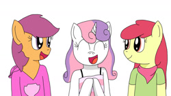 Size: 1280x720 | Tagged: safe, artist:shycookieq, derpibooru import, apple bloom, scootaloo, sweetie belle, anthro, earth pony, pegasus, unicorn, bust, clothes, cutie mark crusaders, eyes closed, female, horn, simple background, smiling, white background