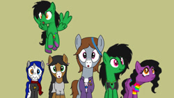 Size: 1280x720 | Tagged: safe, artist:shycookieq, derpibooru import, oc, oc only, earth pony, pegasus, pony, collaboration, :o, brown background, clothes, colored hooves, earth pony oc, eyelashes, female, flying, heterochromia, mare, open mouth, pegasus oc, simple background, wings