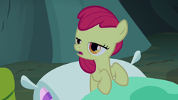 Size: 1280x720 | Tagged: safe, derpibooru import, edit, edited screencap, editor:slayerbvc, screencap, apple bloom, earth pony, pony, sleepless in ponyville, accessory-less edit, bags under eyes, female, filly, missing accessory, pillow, sleeping bag, solo, tired
