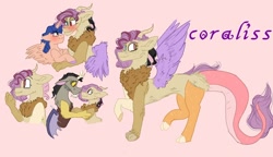 Size: 938x540 | Tagged: safe, artist:cocolove2176, derpibooru import, discord, oc, oc:coraliss rose, alicorn, draconequus, hybrid, pony, alicorn oc, blushing, bust, draconequus oc, female, horn, interspecies offspring, male, oc x oc, offspring, parent:discord, parent:flash sentry, parent:fluttershy, parent:twilight sparkle, parents:discoshy, parents:flashlight, pink background, reference sheet, shipping, simple background, wings