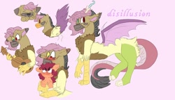 Size: 938x540 | Tagged: safe, artist:cocolove2176, derpibooru import, oc, oc only, oc:disillusion, draconequus, earth pony, hybrid, pony, bust, draconequus oc, earth pony oc, eyes closed, female, guitar, heterochromia, holding a pony, interspecies offspring, male, musical instrument, offspring, parent:applejack, parent:discord, parent:fluttershy, parents:discoshy, pink background, reference sheet, simple background, sleeping