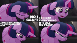 Size: 1280x720 | Tagged: safe, derpibooru import, edit, edited screencap, editor:quoterific, screencap, twilight sparkle, twilight sparkle (alicorn), alicorn, pony, my little pony: the movie, crying, female, mare, no i can't i ruined everything, open mouth, sad, solo