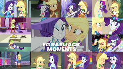 Size: 1280x721 | Tagged: safe, derpibooru import, edit, edited screencap, editor:quoterific, screencap, applejack, rarity, camping must-haves, dance magic, equestria girls, equestria girls (movie), equestria girls series, friendship games, happily ever after party, legend of everfree, lost and found, rainbow rocks, rollercoaster of friendship, shake your tail, super squad goals, spoiler:eqg series (season 2), spoiler:eqg specials, applejack's hat, bass guitar, belt, blushing, boots, bracelet, clothes, cowboy boots, cowboy hat, crossed arms, cute, cutie mark, cutie mark on clothes, denim skirt, dress, duo, duo female, eyes closed, female, geode of shielding, geode of super strength, hairpin, hat, helmet, high heels, jackabetes, jewelry, lesbian, magical geodes, musical instrument, necklace, one eye closed, open mouth, ponied up, raribetes, rarijack, rarity peplum dress, selfie soot, shipping, shoes, skirt, smiling, wink