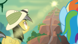 Size: 5555x3125 | Tagged: safe, artist:lincolnbrewsterfan, derpibooru import, daring do, rainbow dash, pegasus, pony, daring doubt, .svg available, butt, concerned, female, from below, glare, hat, lens flare, looking up, mare, mountain, plot, rear view, scenery, sky, stairs, sun glare, sunrise, svg, temple, vector, worm's eye view