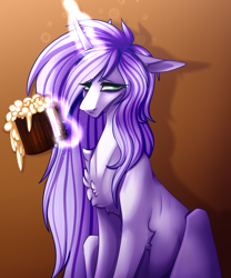 Size: 1664x2000 | Tagged: safe, artist:immagoddampony, derpibooru import, oc, pony, unicorn, alcohol, beer, female, magic, mare, solo