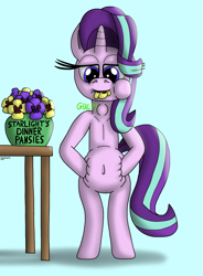 Size: 2719x3703 | Tagged: safe, artist:darkyboode32, derpibooru import, starlight glimmer, pony, unicorn, belly, belly button, bipedal, cheek bulge, eating, eating flower, female, flower, flower pot, high res, hooves on belly, horses doing horse things, lidded eyes, mare, onomatopoeia, pansy, simple background, solo, squishy, standing, swallowing, throat bulge, writing
