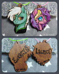 Size: 2257x2841 | Tagged: safe, artist:megabait, derpibooru import, oc, oc:energytone, oc:lilac, pony, craft, handmade, keychain, wood