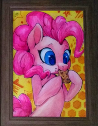 Size: 515x664 | Tagged: safe, artist:megabait, derpibooru import, pinkie pie, oc, pony, cookie, female, food, traditional art