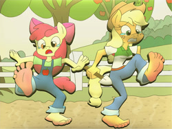 Size: 1600x1200 | Tagged: safe, artist:attacktitan64, derpibooru import, apple bloom, applejack, anthro, earth pony, plantigrade anthro, barefoot, burning, crying, equestria girls outfit, feet, fence, fetish, foot fetish, gritted teeth, ground, hand grab, hot, hot day, open mouth, soles, steam, story included, tears of pain, teary eyes, toes, tree