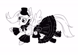 Size: 7016x4961 | Tagged: safe, alternate version, artist:lemon08151, derpibooru import, derpy hooves, pegasus, pony, 2017, absurd resolution, black and white, boots, clockwork, clothes, cog, cute, derpabetes, dress, female, flower, grayscale, hat, hoof boots, mare, monochrome, open mouth, pixiv, shoes, simple background, skirt, solo, steampunk, white background