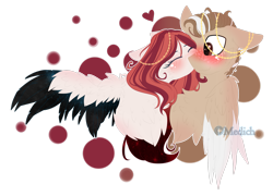 Size: 2887x2077 | Tagged: safe, artist:mediasmile666, derpibooru import, oc, oc only, pegasus, pony, abstract background, blushing, bust, duo, eyes closed, female, kissing, male, mare, spread wings, stallion, two toned wings, wings