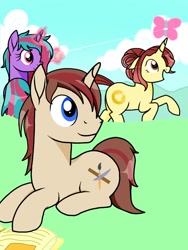 Size: 768x1024 | Tagged: safe, artist:windy breeze, derpibooru import, oc, oc only, pony, unicorn, book, cloud, female, happy, kite, looking back, magic, male, mare, running, sitting, sky, stallion, string