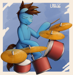 Size: 1900x1950 | Tagged: safe, artist:uliovka, derpibooru import, oc, oc only, drums, drumsticks, hoof hold, male, musical instrument, solo, stallion