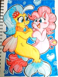 Size: 500x666 | Tagged: safe, artist:raystarkitty, derpibooru import, pinkie pie, princess skystar, earth pony, pony, seapony (g4), my little pony: the movie, blue eyes, blushing, bubble, female, fin wings, fins, fish tail, flower, flower in hair, flowing tail, freckles, heart bubbles, jewelry, lesbian, looking at each other, necklace, notebook, open mouth, seaponified, seapony pinkie pie, shipping, skypie, smiling, species swap, tail, traditional art, underwater, water, wings