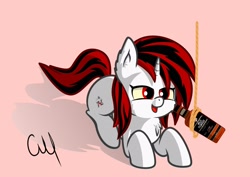 Size: 2560x1817 | Tagged: safe, derpibooru import, oc, oc only, oc:blackjack, pony, unicorn, fallout equestria, fallout equestria: project horizons, alcohol, horn, small horn, solo, trap (device), whiskey