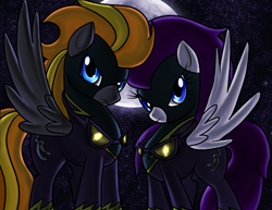 Size: 1210x933 | Tagged: safe, artist:myhysteria, derpibooru import, oc, oc only, oc:blaze (shadowbolt), oc:enquiring essence, oc:ice rain, pegasus, pony, clothes, costume, female, goggles, male, mare, moon, night, shadowbolts, shadowbolts costume, stallion