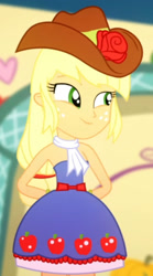 Size: 971x1741 | Tagged: safe, derpibooru import, screencap, applejack, equestria girls, bare shoulders, clothes, cropped, cute, dress, fall formal outfits, hands behind back, jackabetes, sleeveless, smiling, solo, strapless, the photo booth story